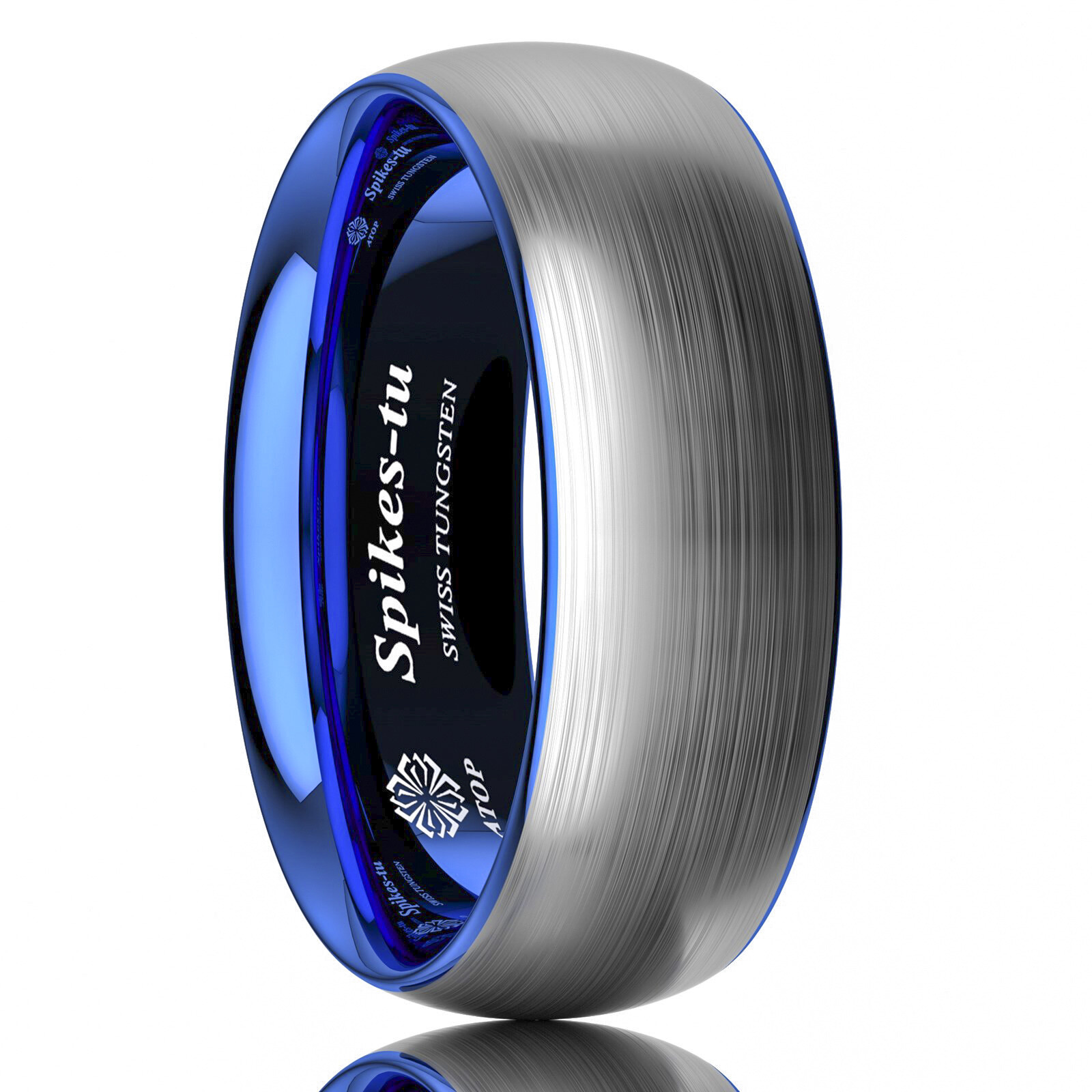 8mm Tungsten Carbide ring Silver Brushed Blue Inlay Wedding Band ATOP Men’s Ring