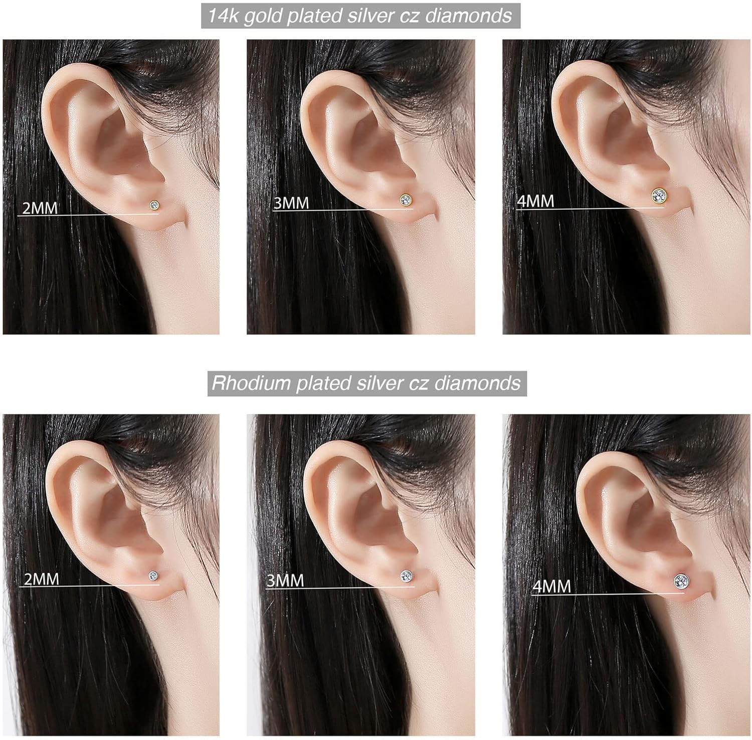 14K Gold Plated 925 Sterling Silver Cubic Zirconia round Bezel Set Stud Earrings