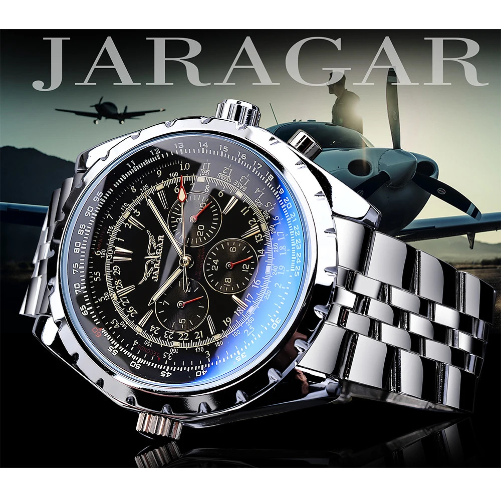 Jaragar Blue Glass Design Black Silver Automatic Watch Stainless Steel Date…