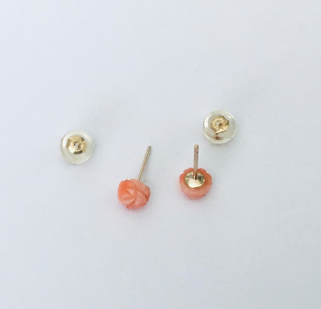 Tiny 14K Gold Natural Pink Coral Hand Carved Rose Flower Stud Earrings NEW