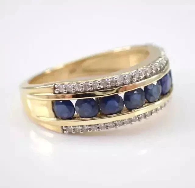 2.50 Ct Round Cut Natural Sapphire & Diamond Wedding Ring 14K Yellow Gold