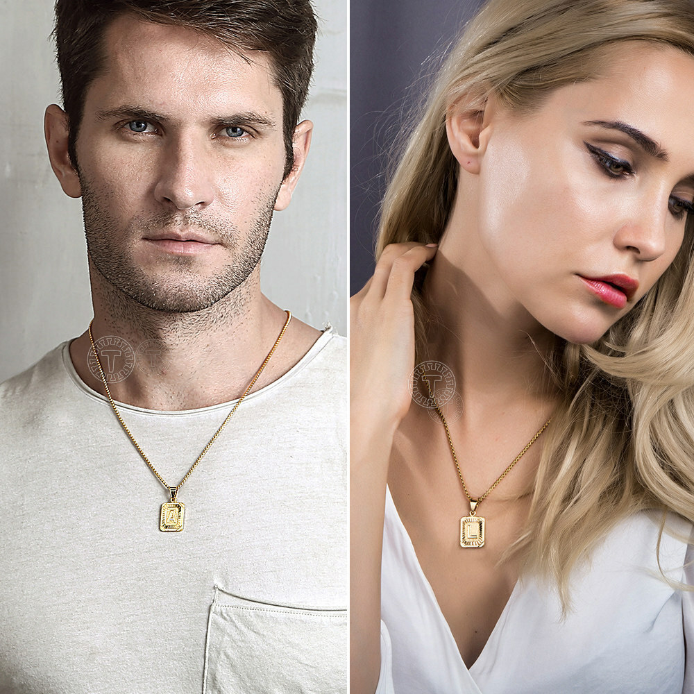 Yellow Gold Plated Stainless Steel Initial Letter A-Z Pendant Necklace Box Chain