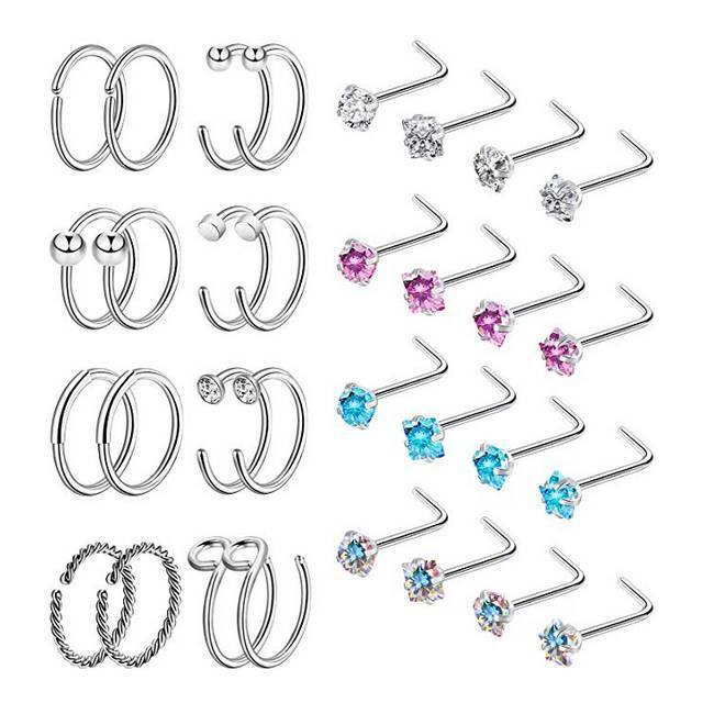 32PCS/LOT Nose Hoop & L/Bone/Screw Shaped Nose Studs Ear Lip Ring Piercing 20G
