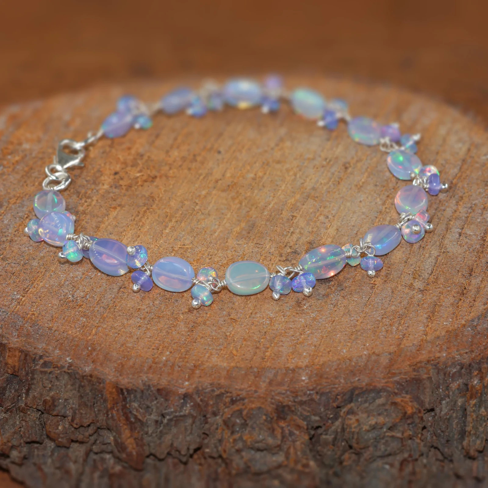 Fire Blue Opal Gemstone Tumble Beads Bracelet, Genuine Ethiopian Opal Bracelet