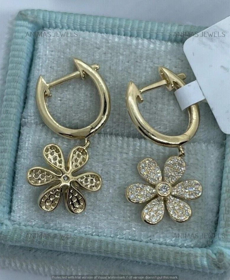 1 CT Round Real Moissanite Flower Drop & Dangle Earrings 14K Yellow Gold Plated