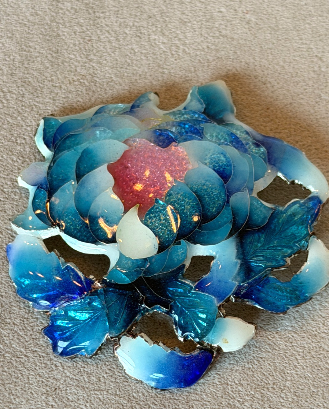 vintage Asian brooch pin silver blue glass enameled peony w pink center 2.5″