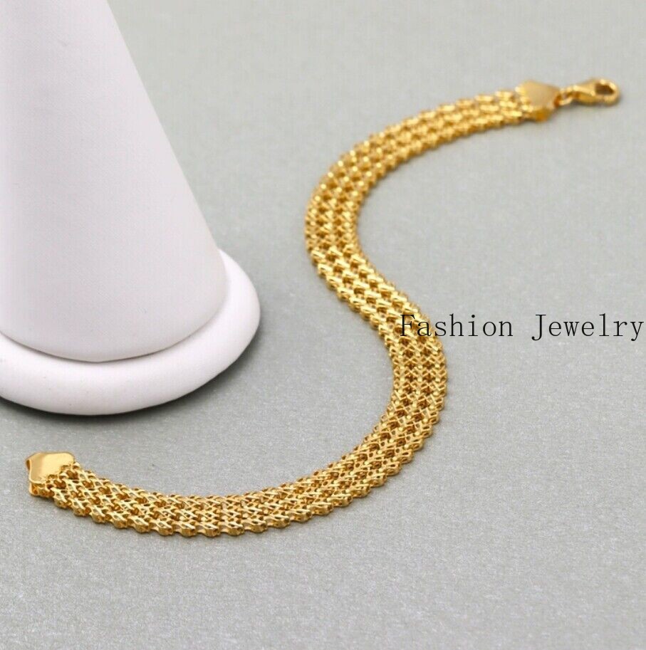 Solid 18K Yellow Gold AU750 Multiple Layer Wide Bracelet Bangle Chain 18cm/7in
