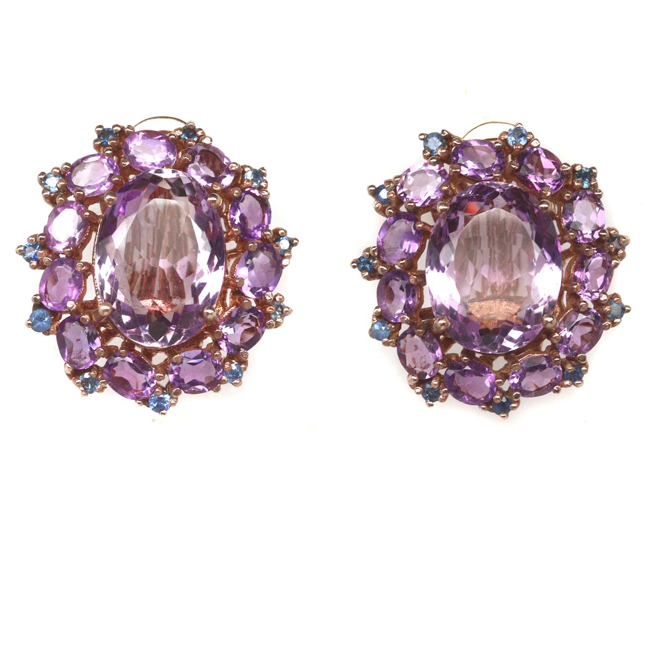 925 Silver 12 x 15 mm. Purple Amethyst & Blue Sapphire Statement Earrings