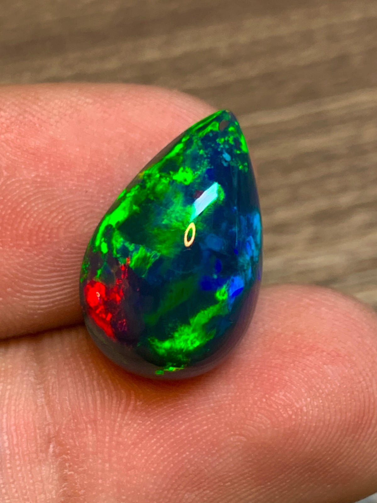 7.7ct Multi-Fire Ethiopian Black Welo Opal Pear Cabochon Statement Jewelry