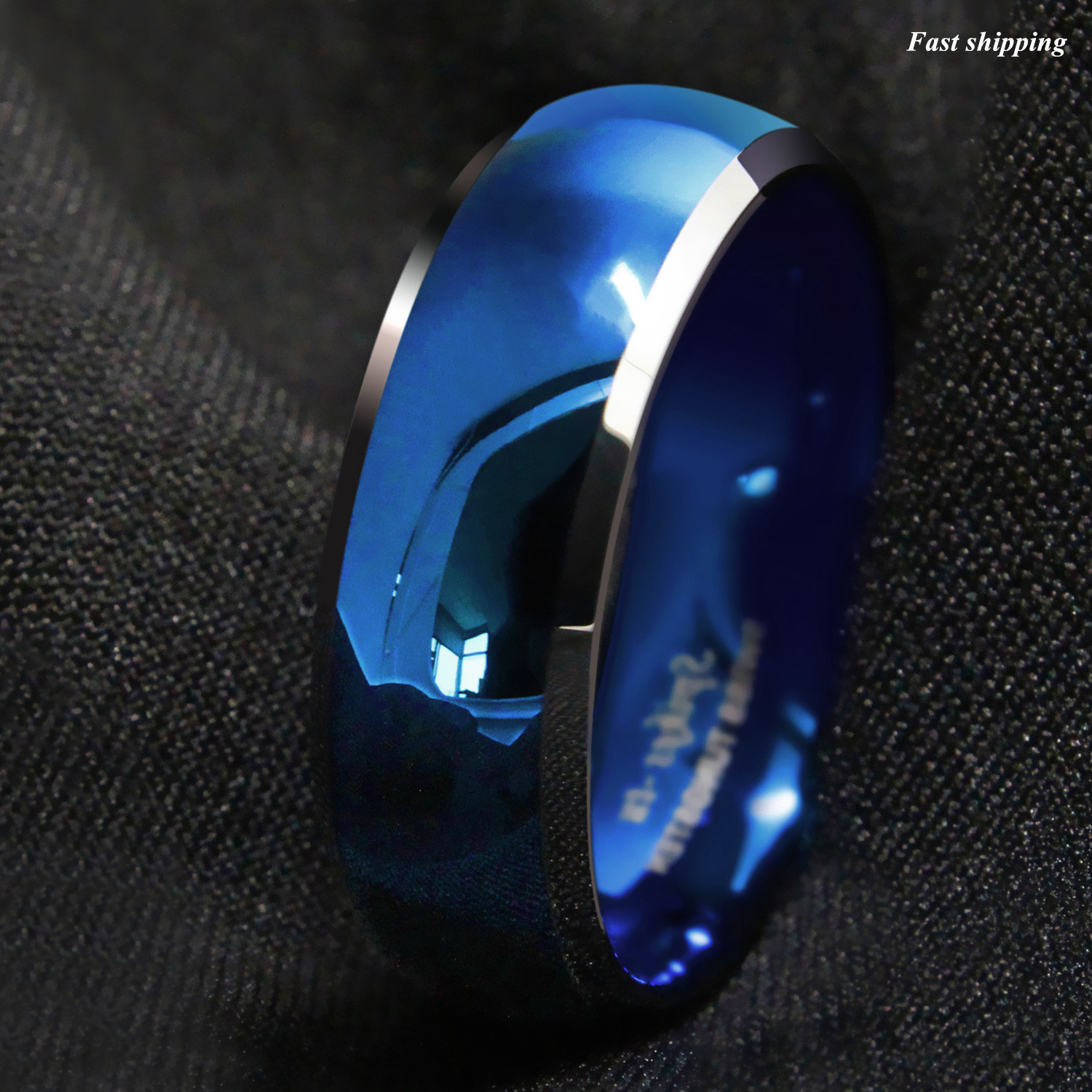 8mm Men’s Tungsten Ring Blue Domed with Beveled Silver Edges Band ATOP Jewelry