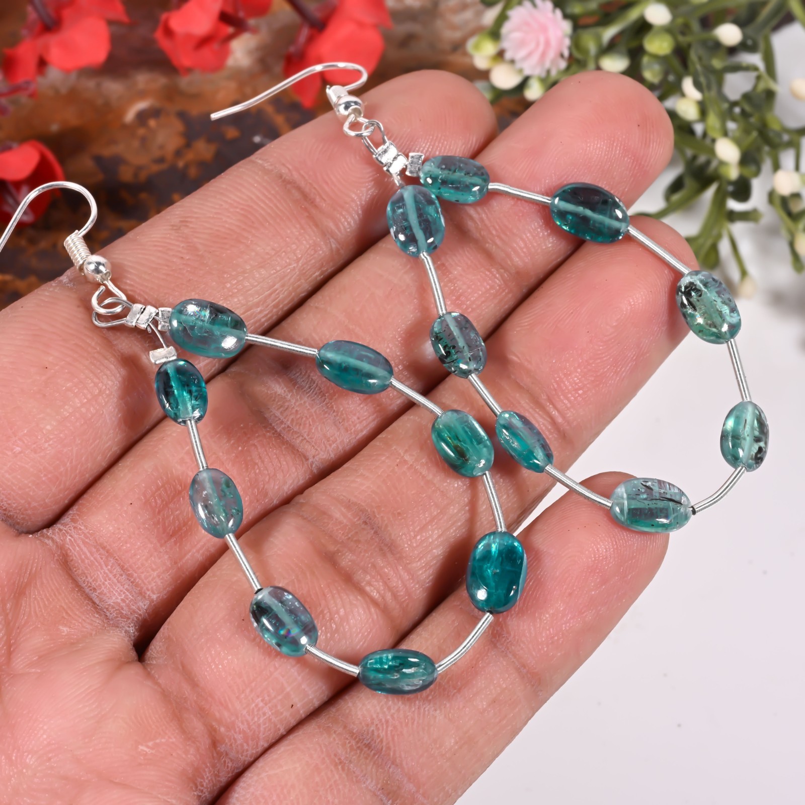 Natural Green Kyanite Oval Dangle Earrings, Smooth Tumbled Gemstone Bead Earring