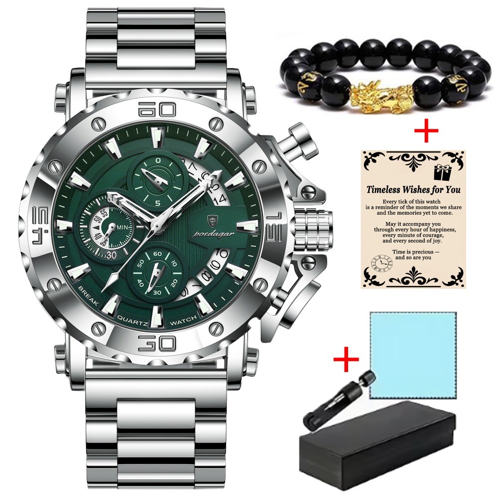 POEDAGAR Luxury Men’s Calendar Luminous Waterproof Stainless Steel Quartz Watch