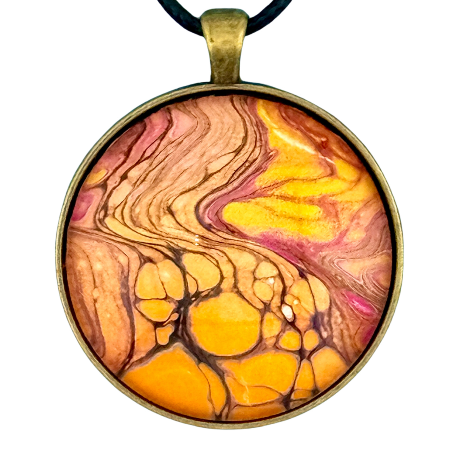 Pendant Necklace Handmade “Molten Sky” Brass Bezel & Tray 38mm Black Cord