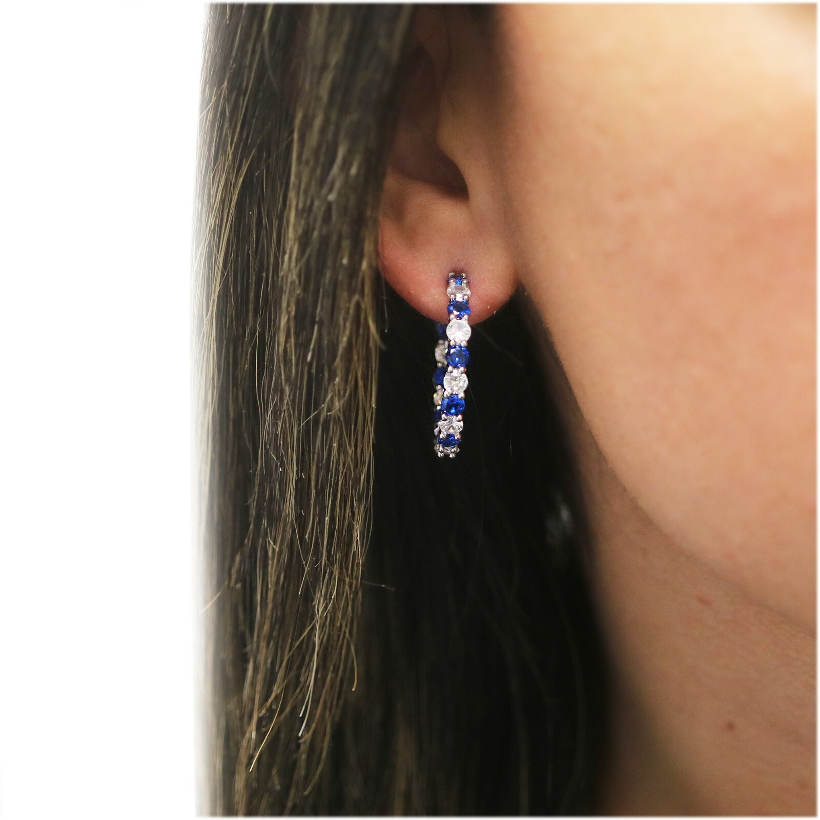 925 Sterling Silver White & Sapphire CZ Hoop Earrings Jewelry Gift For Women