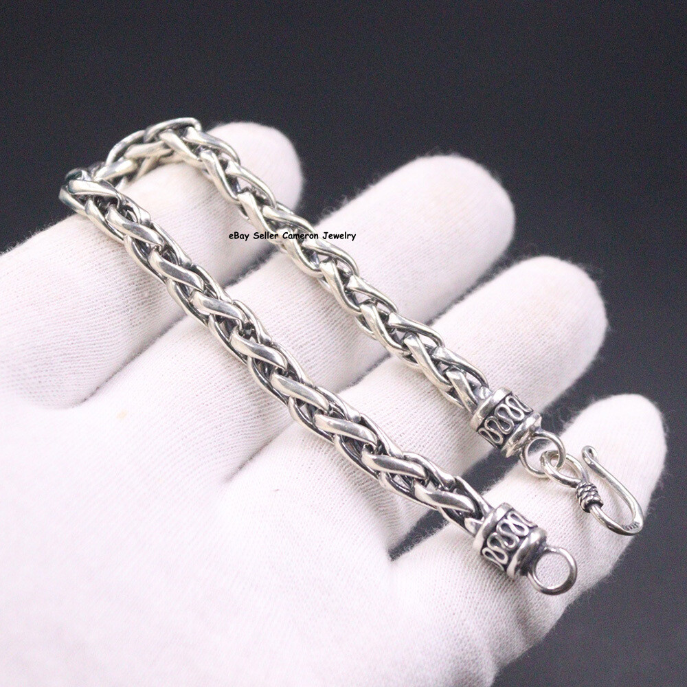 Pure S925 Sterling Silver Bracelet Men 6mm Cross Wheat Link Chain 20-21g 7.9inch