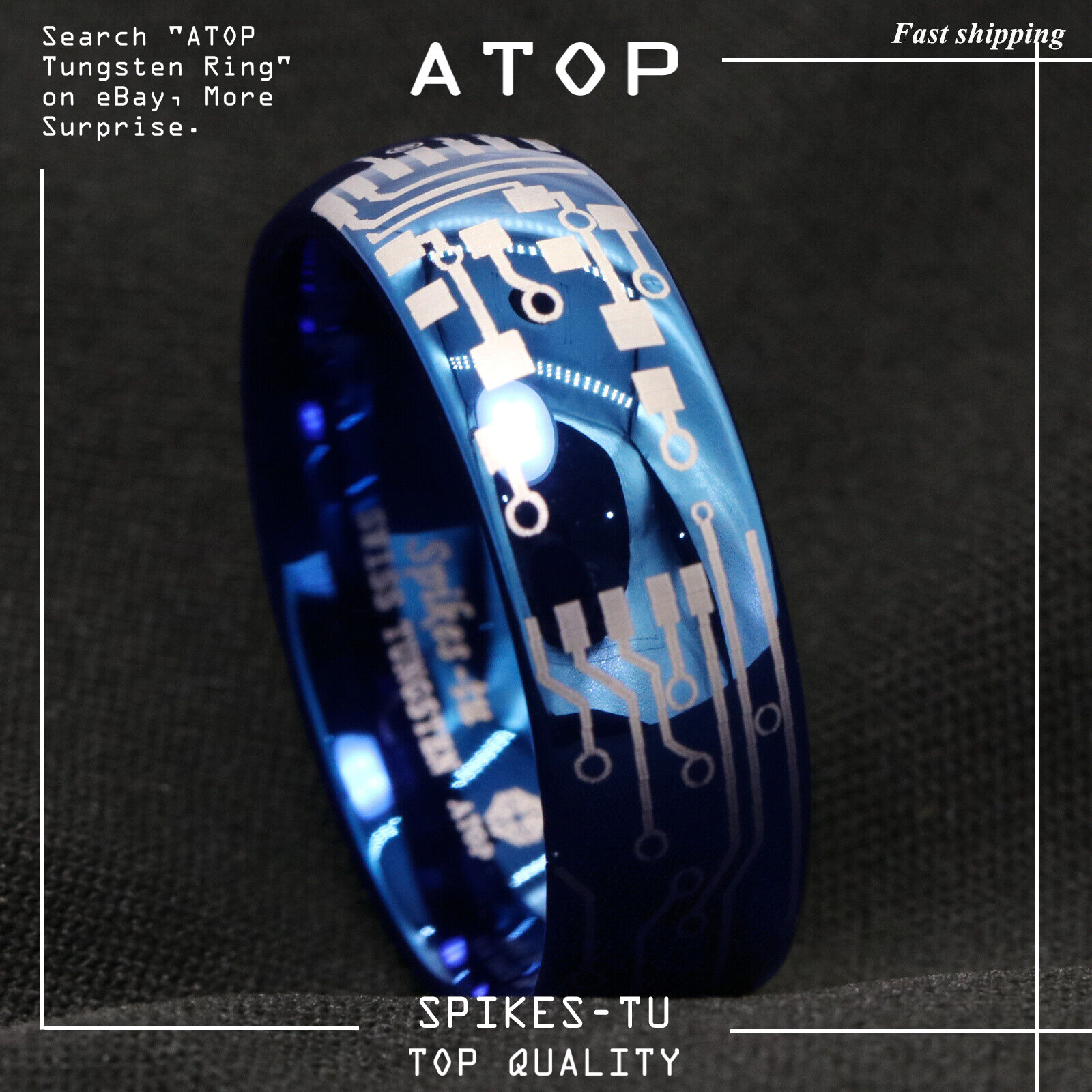 8mm Shiny Blue Dome Tungsten Carbide Ring Laser Circuit Board ATOP Men’s Jewelry