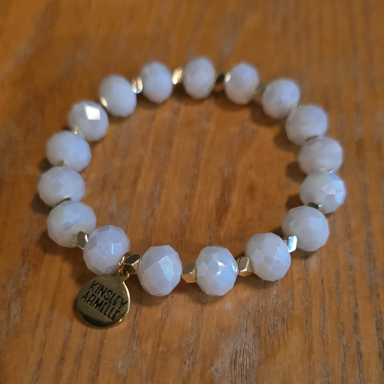 Kinsley Armelle White Glass Beaded Stretch Bracelet Dangle Charm Signed Stack