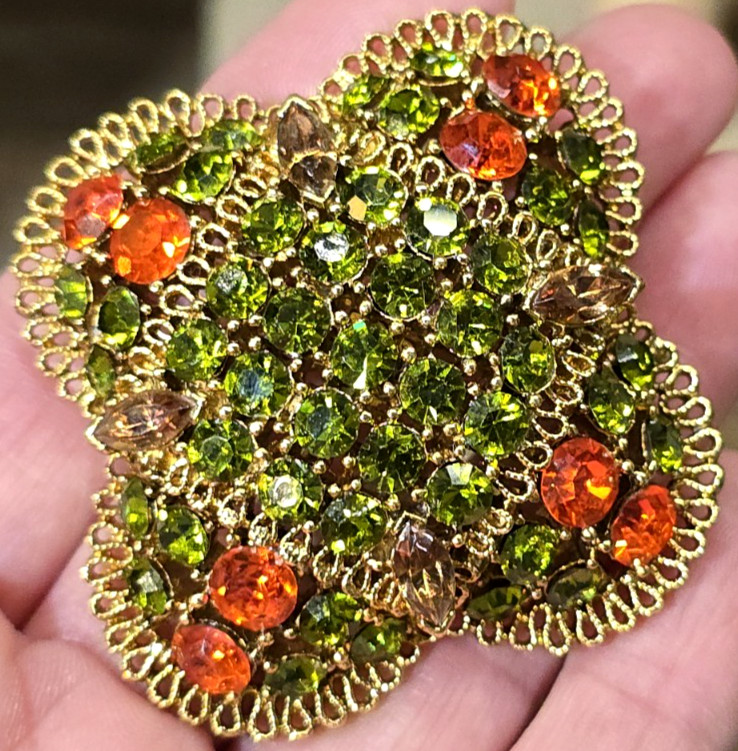 Vintage Domed Large Brooch Olivine Green Orange & Topaz Rhinestones Gold Tone