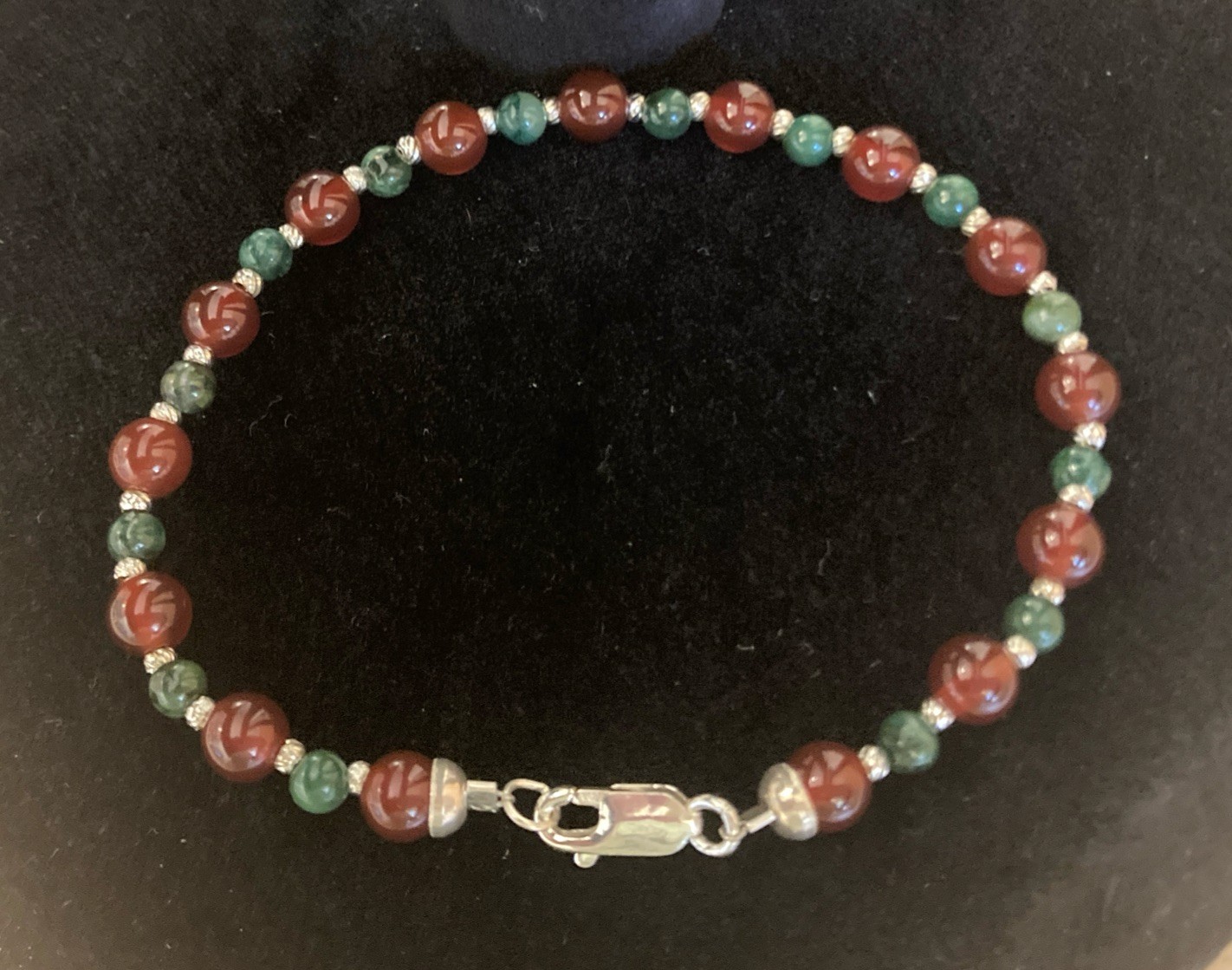 Vintage Carnelian & Jade Beaded Bracelet Sterling Silver 925 Clasp 7.5” BOHO NEW