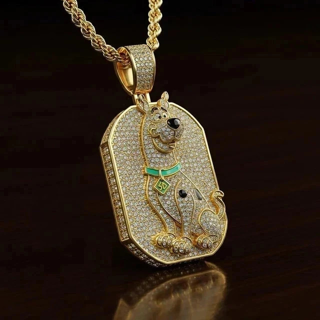 3Ct Round Cut Lab Created Diamond Scooby Doo Dog Tag Pendant 14K Gold Plated