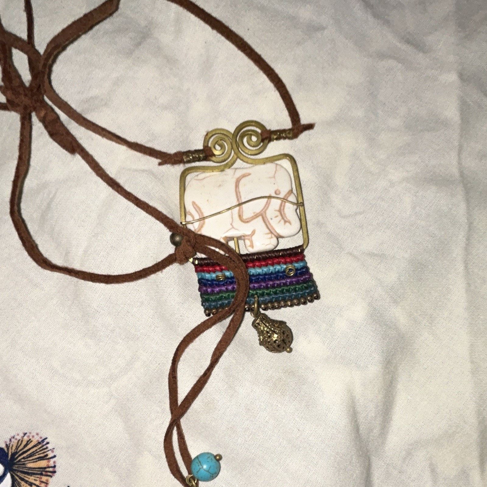 Multicolor Elephant Charm Pendant Necklace Adjustable Brown Cord Rectangle