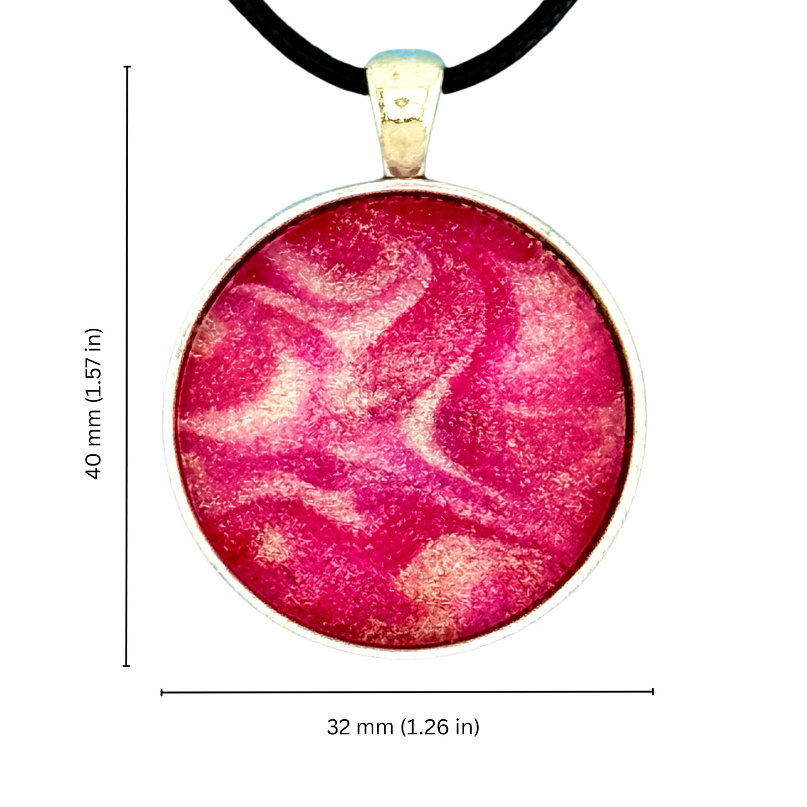 Pendant Necklace Colorful Handmade “Cotton Candy” Silver Bezel 30mm Black Cord