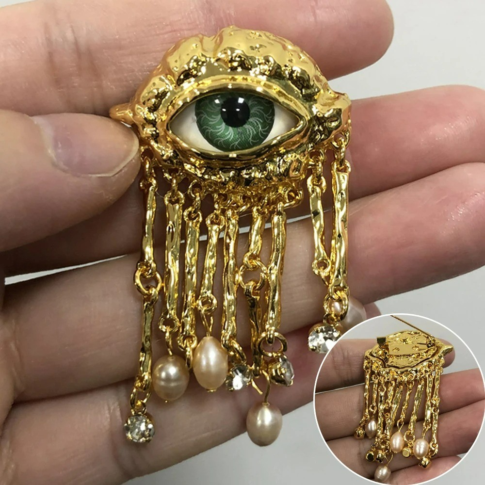 Vintage Evil Eye Brooch Pin Pearl Tassel Metal Badge Unisex Jewelry