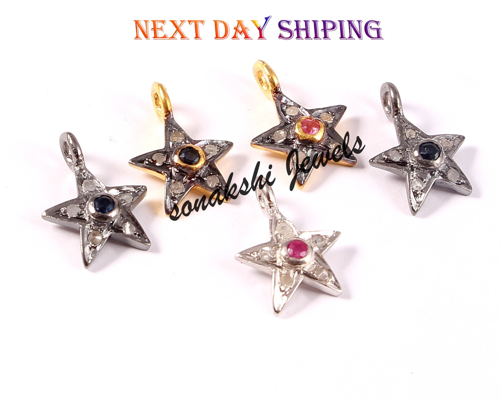 Handmade Diamond & Ruby Star Charm Pendant 925 Sterling Silver Pendant