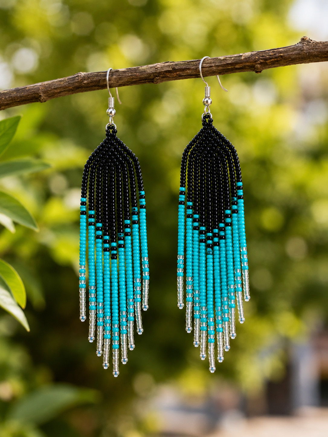 Handmade Seed Bead Fringe Earrings Long Tassel Boho Dangle Statement Jewelry.