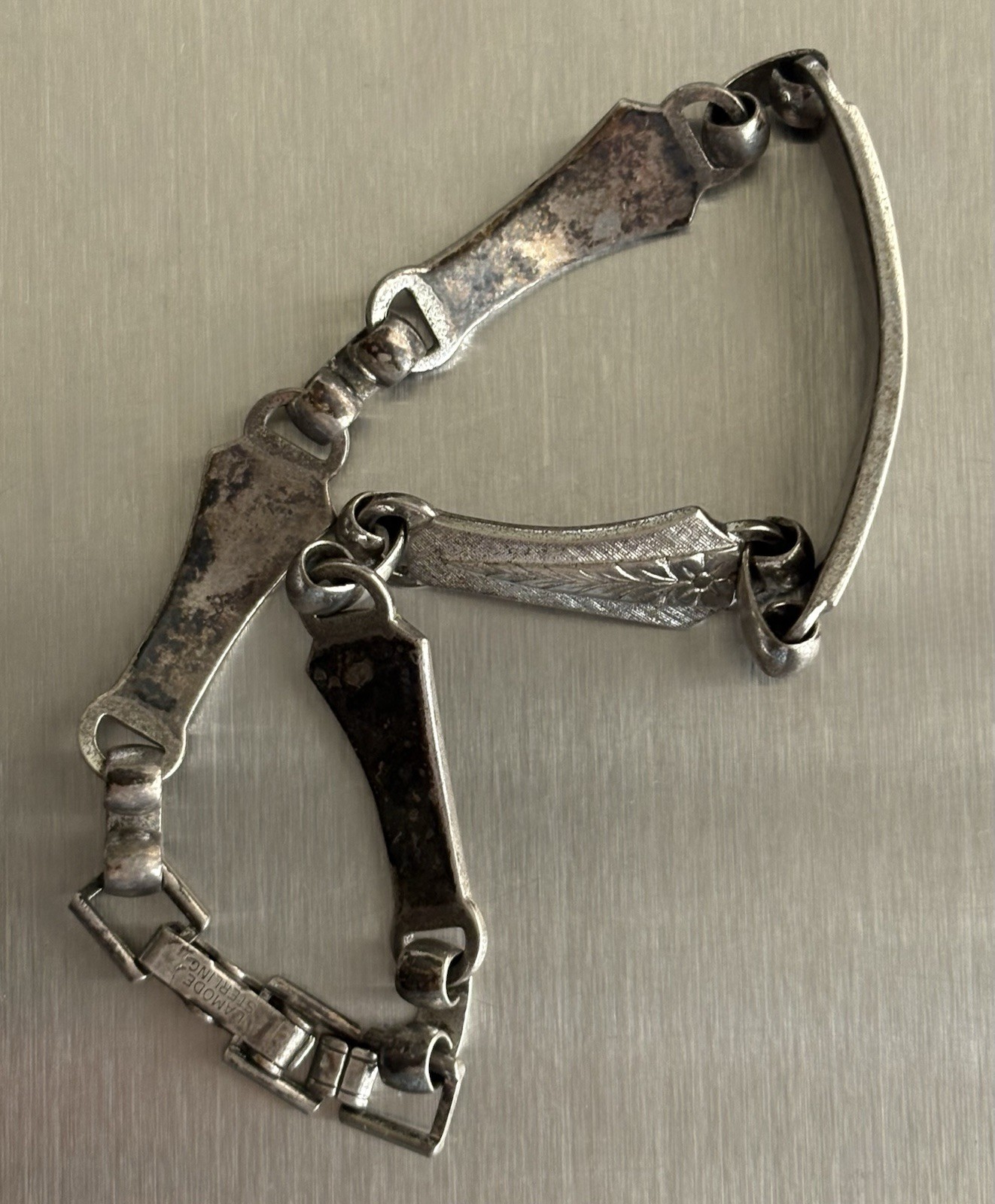 LA MODE Sterling Silver ID Bracelet 7” Floral Vintage Etched SHAROIN 13.58 Grams