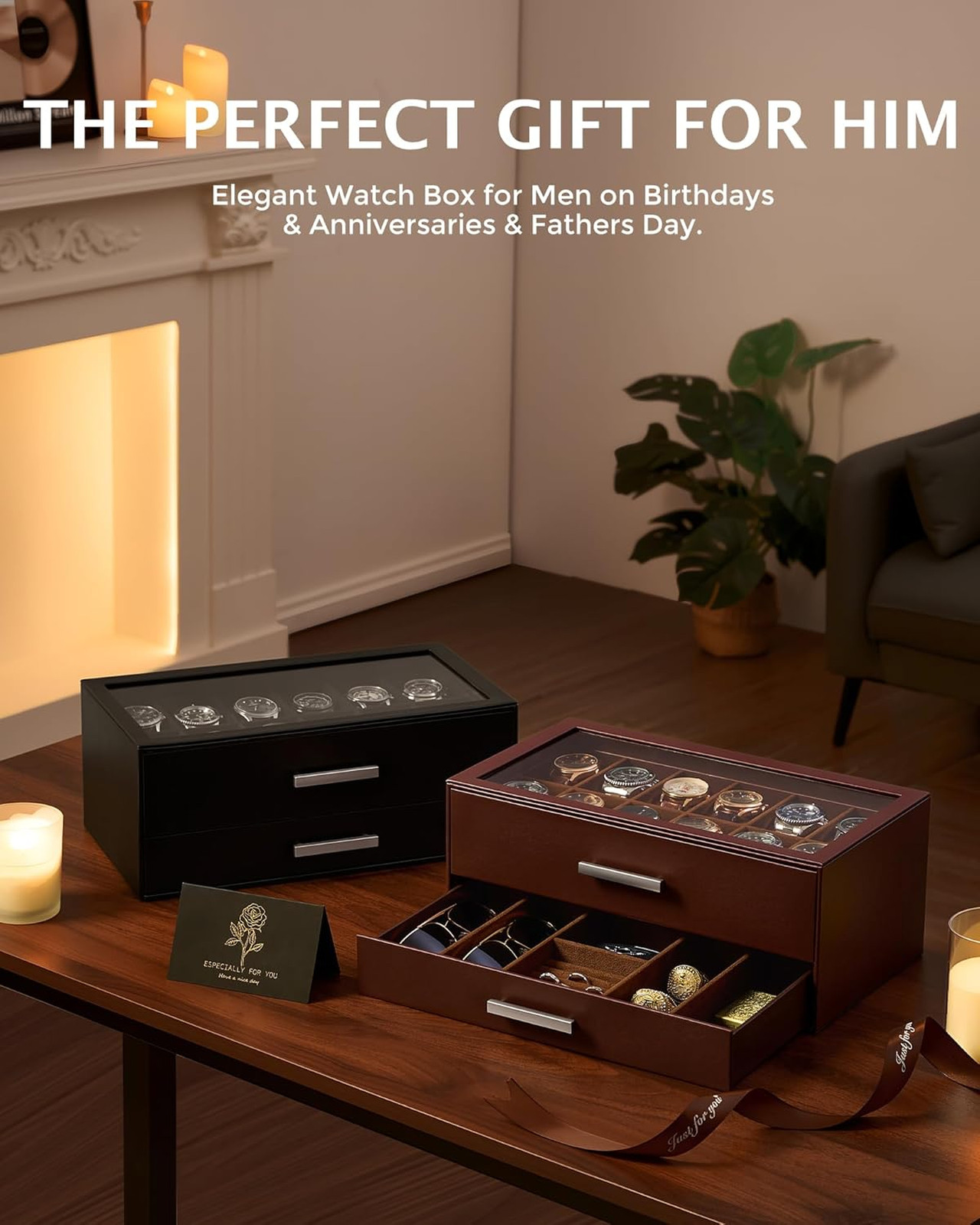 Watch Organizer Box with Pull-Out Drawers for Men Black Glass Top Jewelry