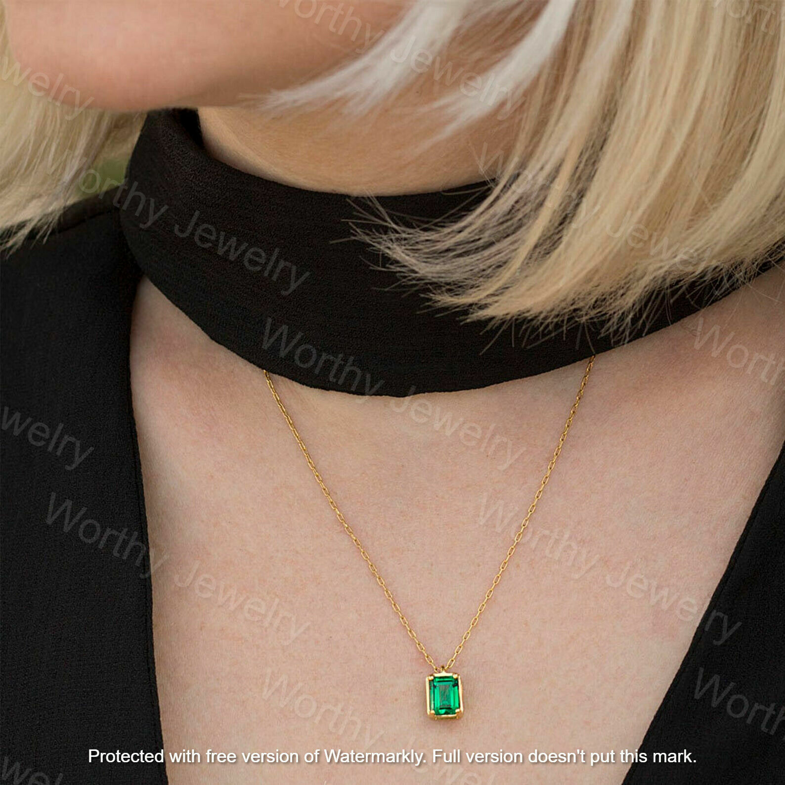 3Ct Emerald Cut Green Emerald Solitaire Pendant 14K Yellow Gold Finish 18″ Chain