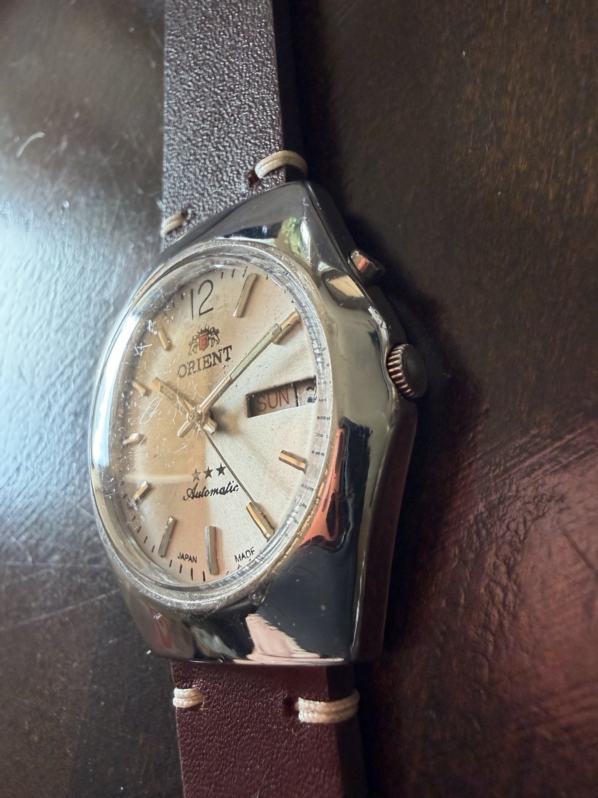 Vintage Orient Three Star Automatic Day Date Runs Great Silver Dial Japan