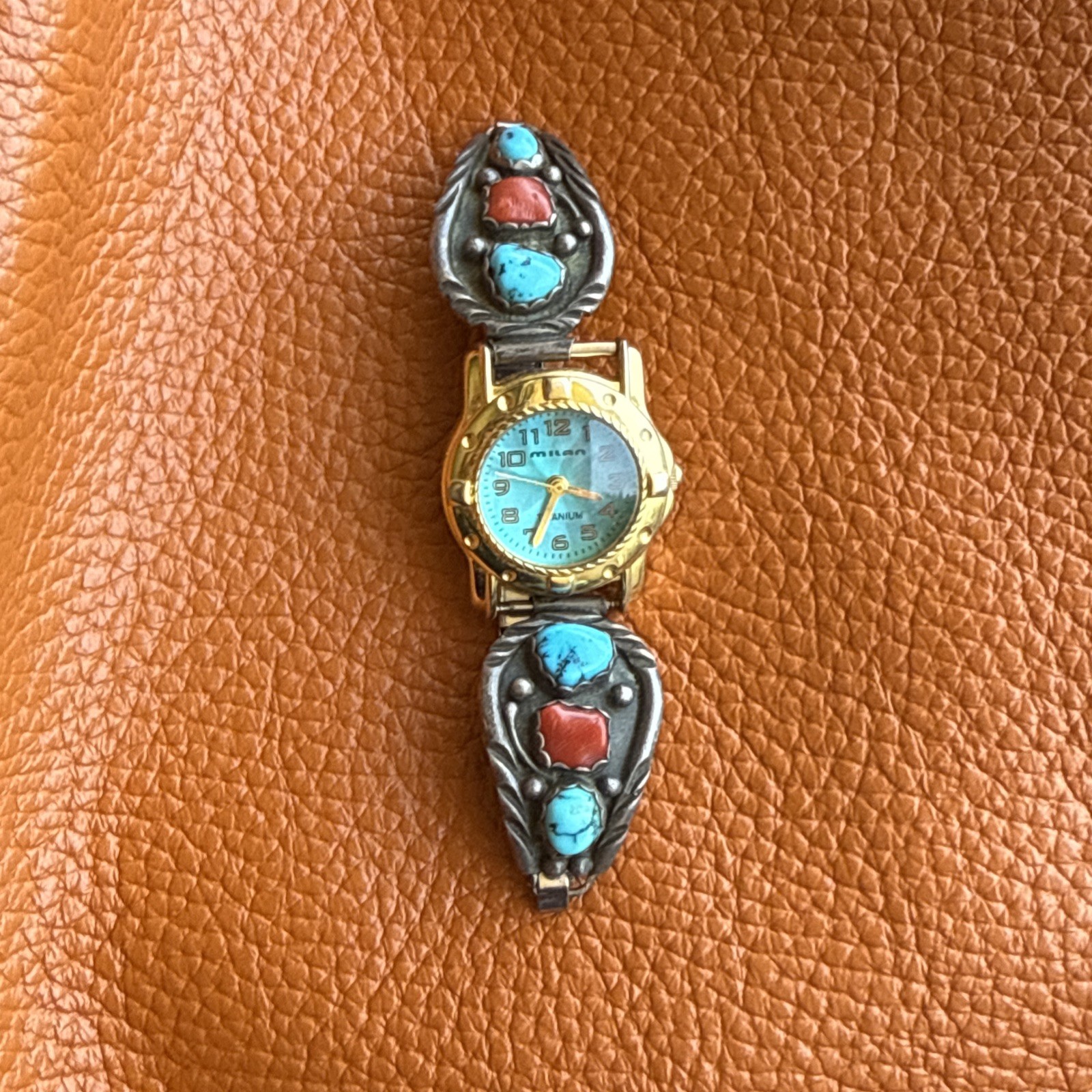 Authentic Vintage Navajo style sterling silver turquoise and coral stone watch
