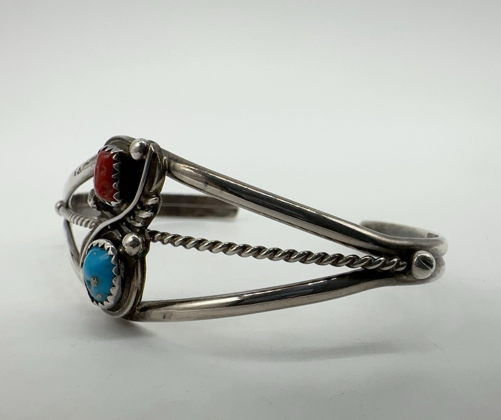 VTG Signed Native American Sterling Silver Turquoise Coral Cuff Bracelet 13g #bf