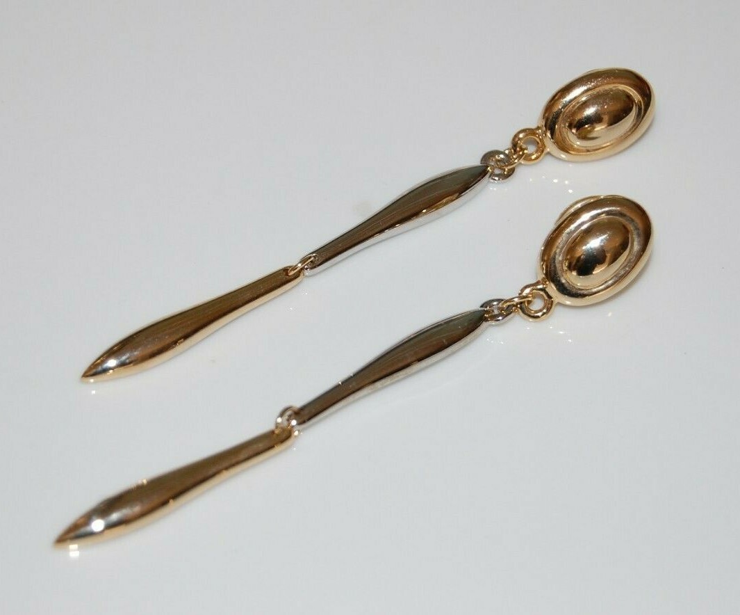 Elegant Vtg 80 Couture Silver & Gold Toned Metal Modern Style Drop Post Earrings