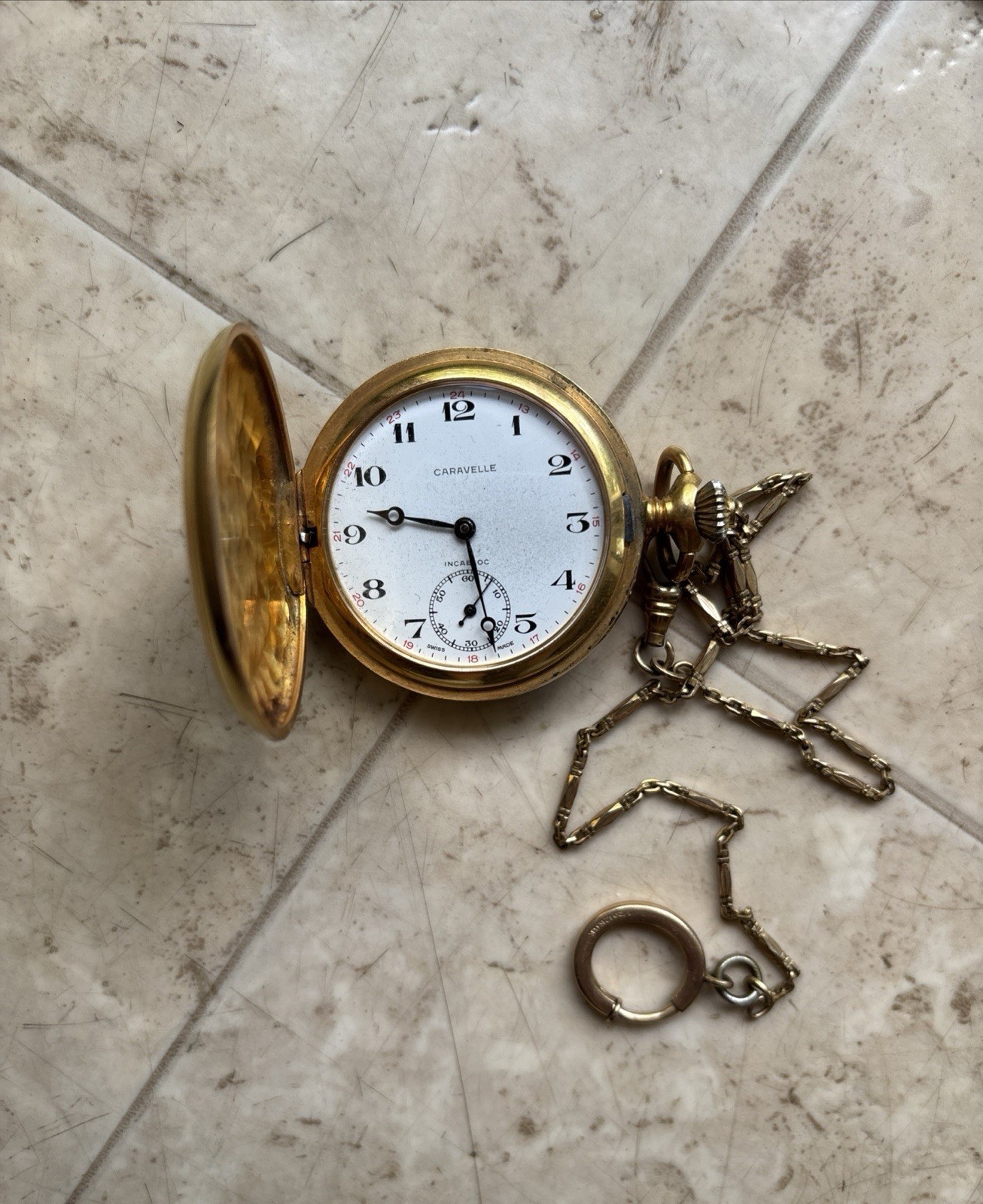 Vintage Bulova Caravelle Pocket Watch & Chain Ancre de Precision Gold Tone WORKS