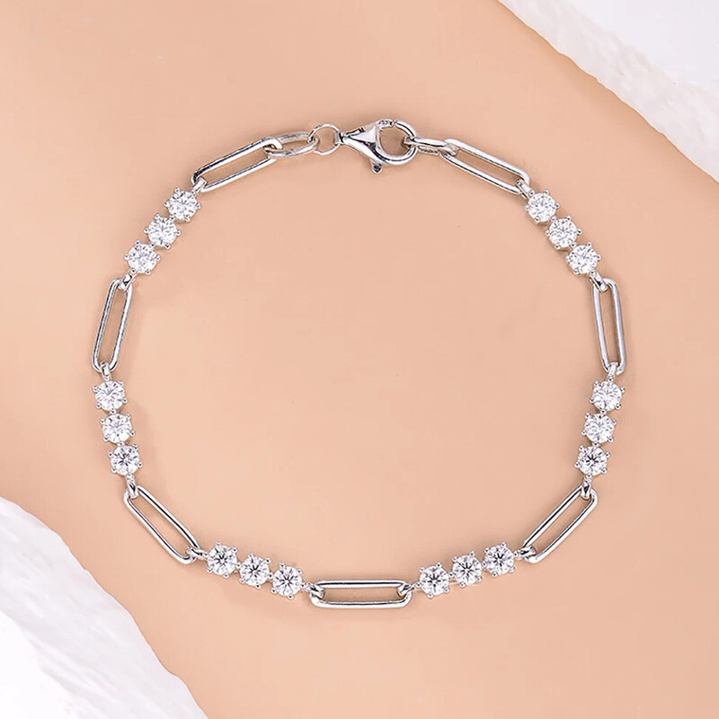 3mm Round Real Moissanite Women Paper Clip Chain Bracelet 925 Sterling Silver