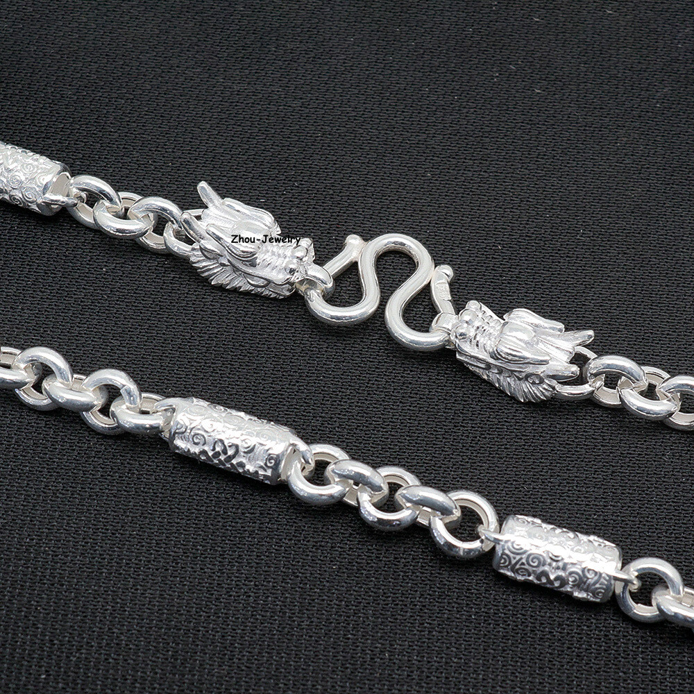 Pure S999 Fine Silver 999 Chain 6mm Cable Link Bead Necklace 49-50g 21.6inch