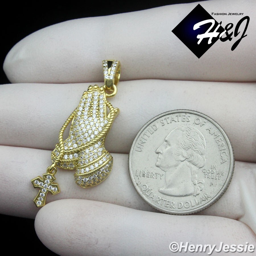 925 STERLING SILVER ICY CZ 3D GOLD PLATED CROSS PRAYING HANDS PENDANT*GP501