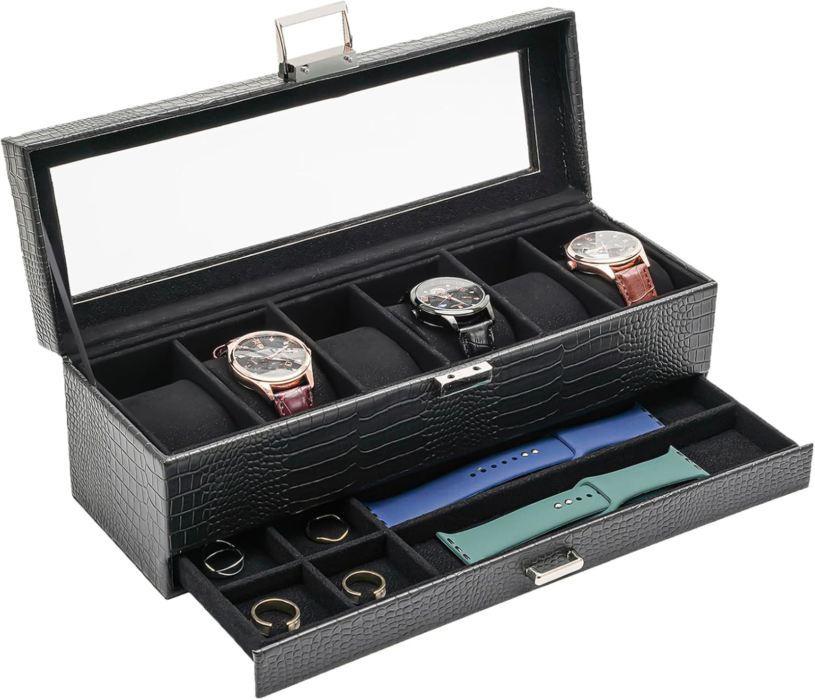 Watch Display Box with Drawer, Lizard Black PU Leather, 6 Slots, 2-Layer Jewelry