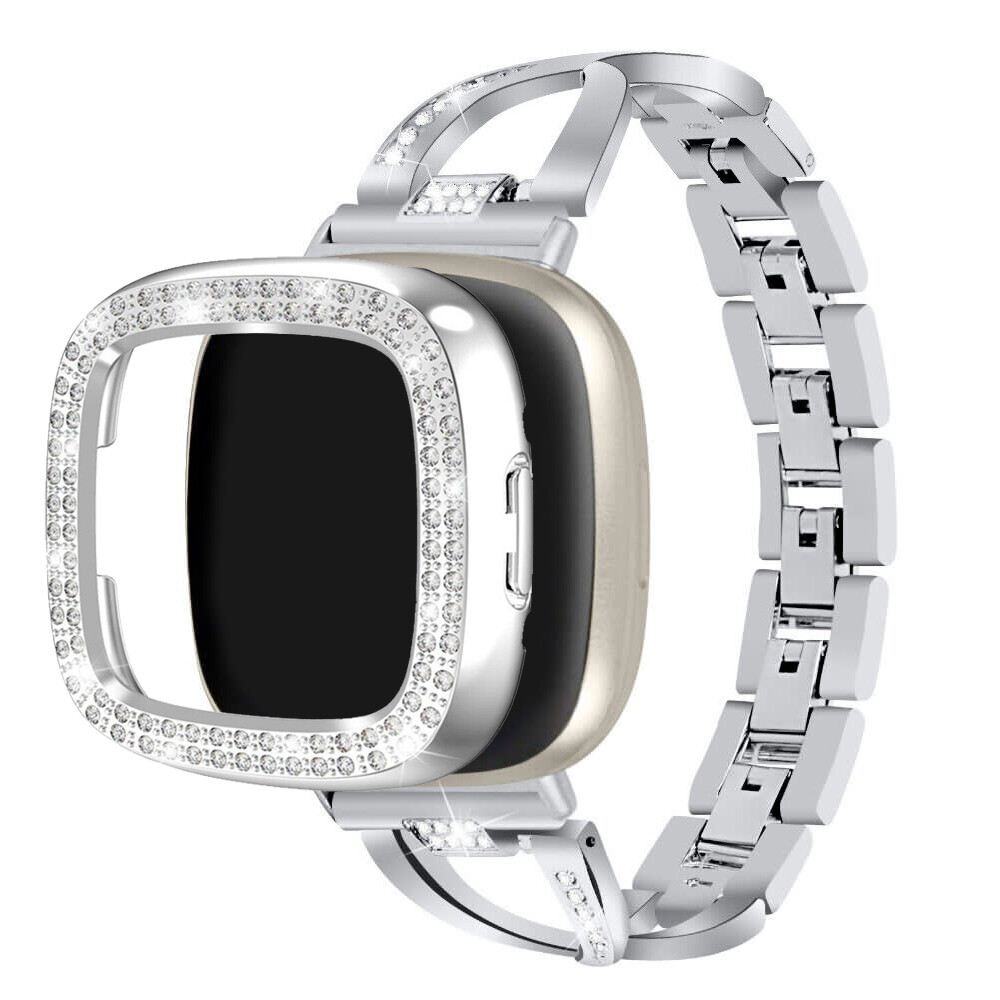 Strap +Bling Diamond Case for Fitbit Versa 4 3 /Sense 1 2 Bling Metal Watch Band