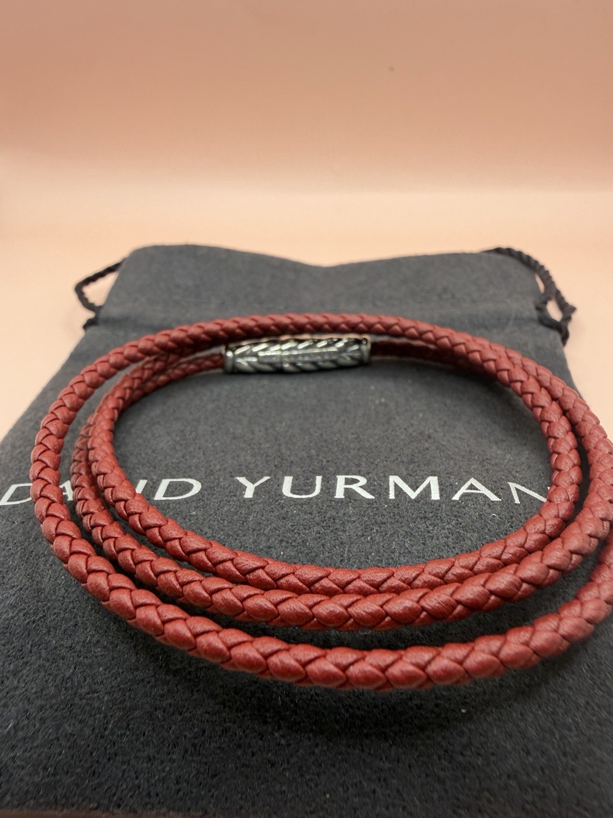 David Yurman Sterling Silver Leather Chevron Triple Red Wrap Bracelet Medium