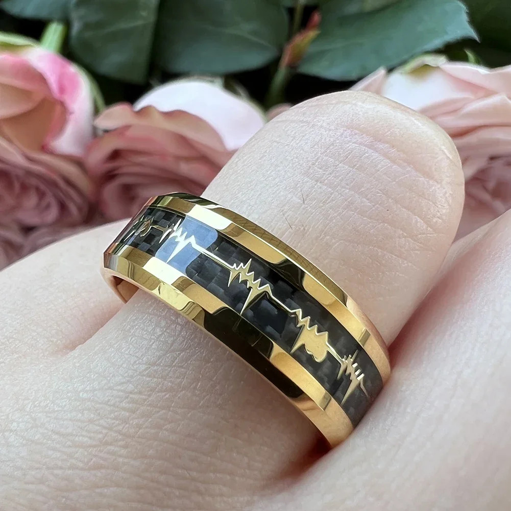 8mm Carbon Fiber Heart Inlay Tungsten Carbide Wedding Band Ring Men Jewelry
