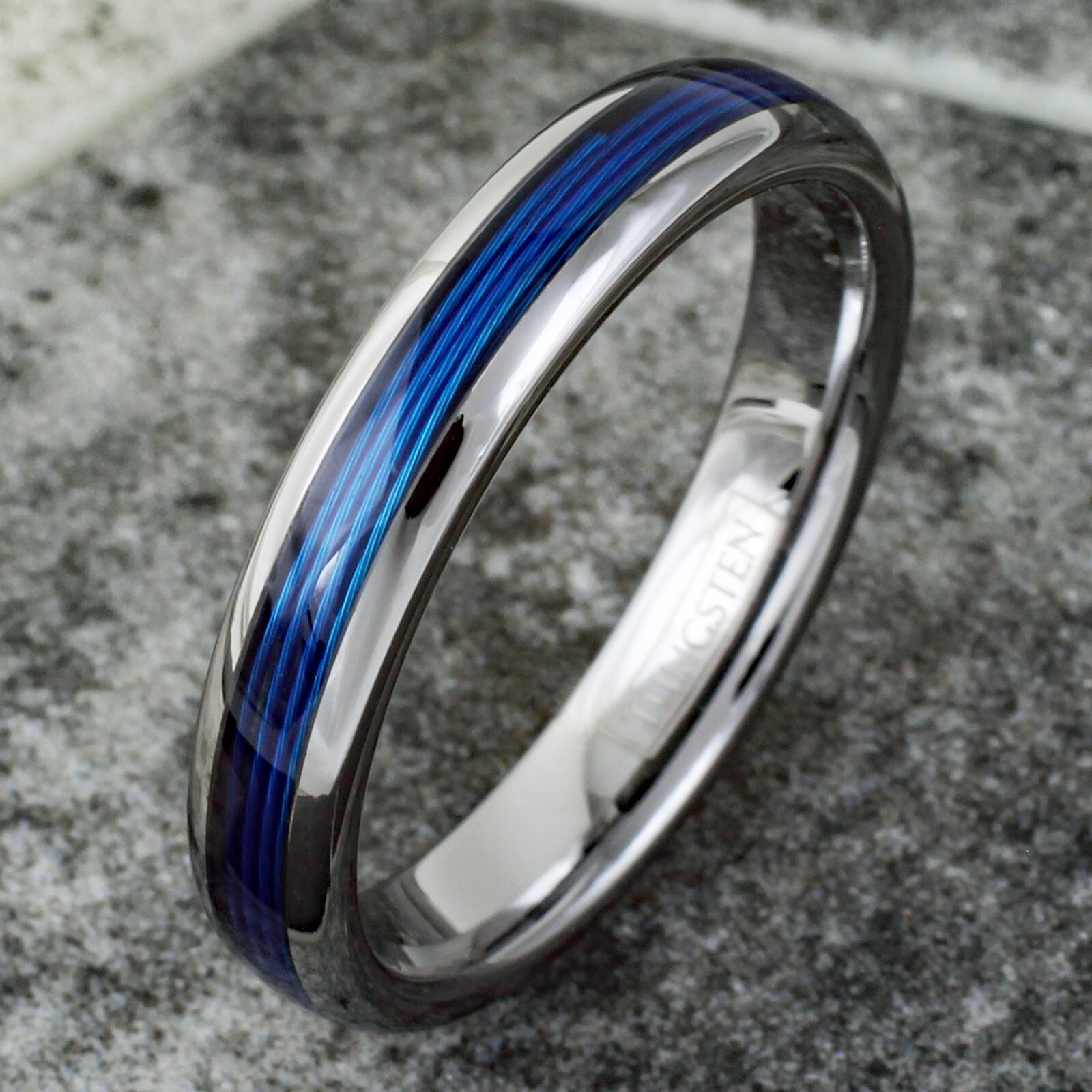 Tungsten Carbide Blue Fishing Line Thin Plain Band – Black or Silver