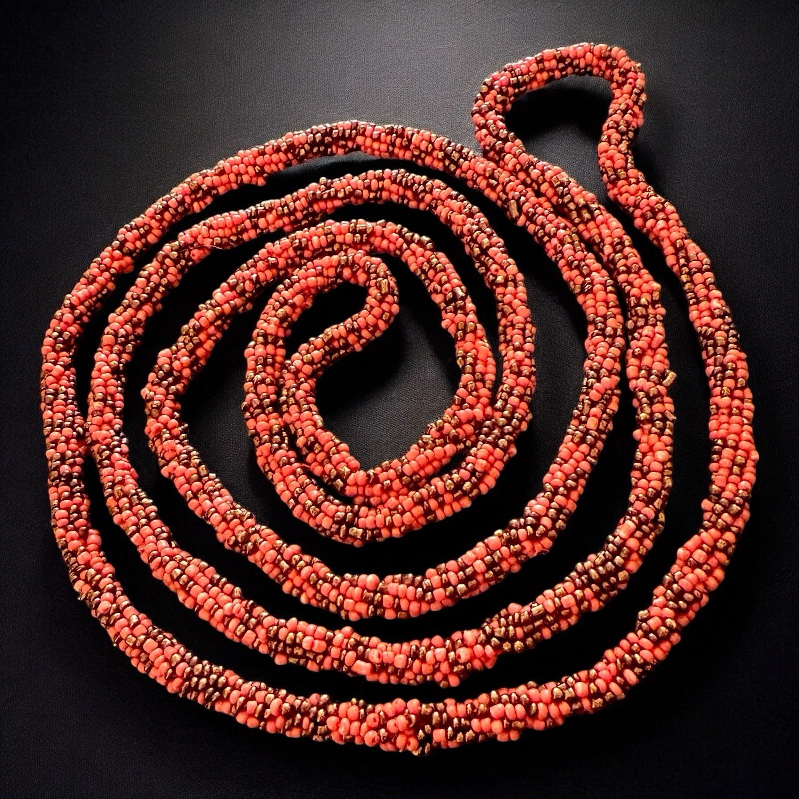 Art Deco Sautoir Necklace Coral Black Glass Bead Crocheted 1920s Flapper