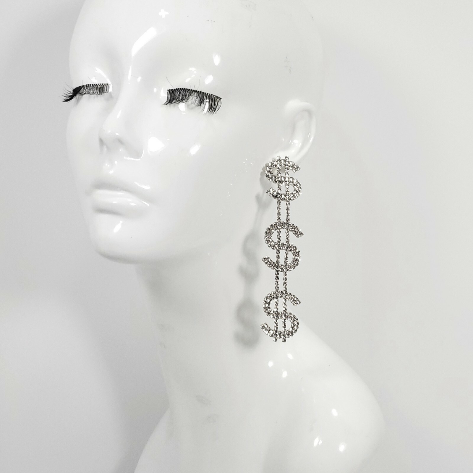 E0132 Bling Clear Silver Tone US Dollar Money $$$ Sign Long Drop Dangle Earrings