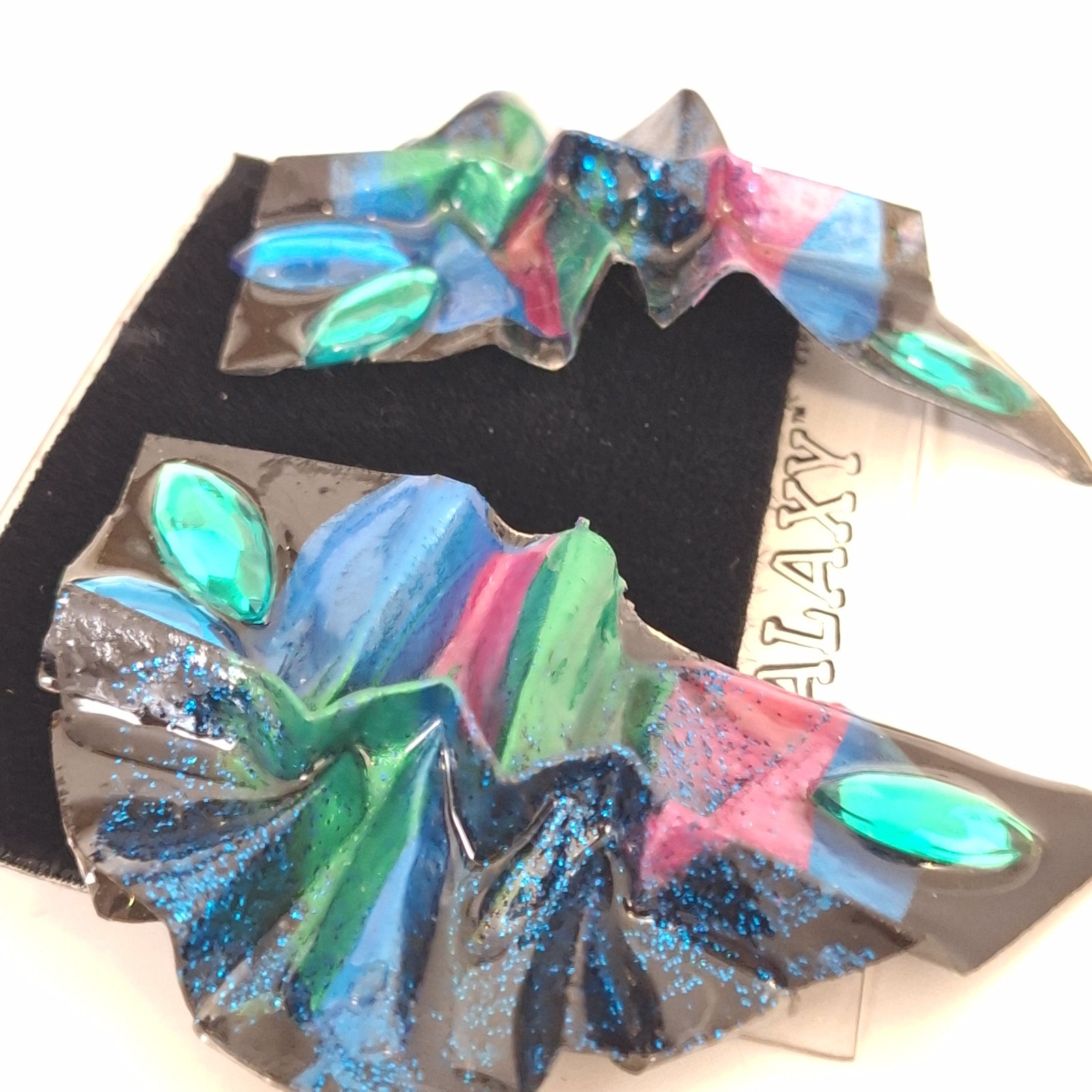 Galaxy Earrings Very Light Weight Blue Green Pink Crystals Space Statement