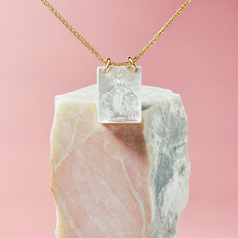 Scapular Christian Necklace, Virgin Mary Mother of Pearl Scapular Necklace