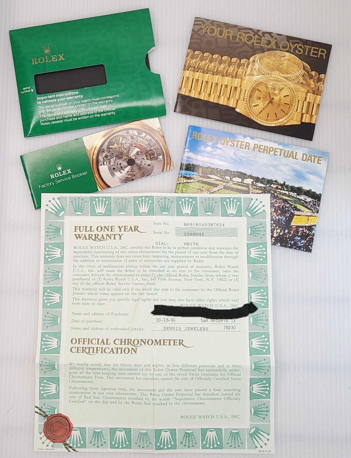 1990s Rolex 6916 Warranty Certificate & Booklets (Buyer’s Name On Cert) No Watch